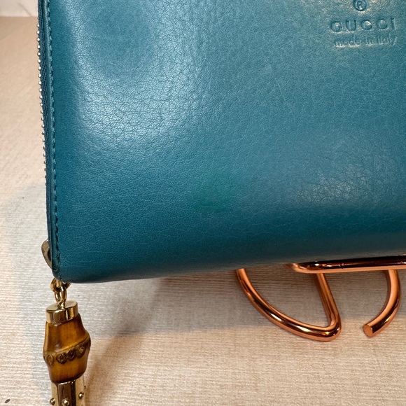 Gucci Teal Leather Zip Around Long Wallet Bamboo Tassel Detail - Picture 4 of 13